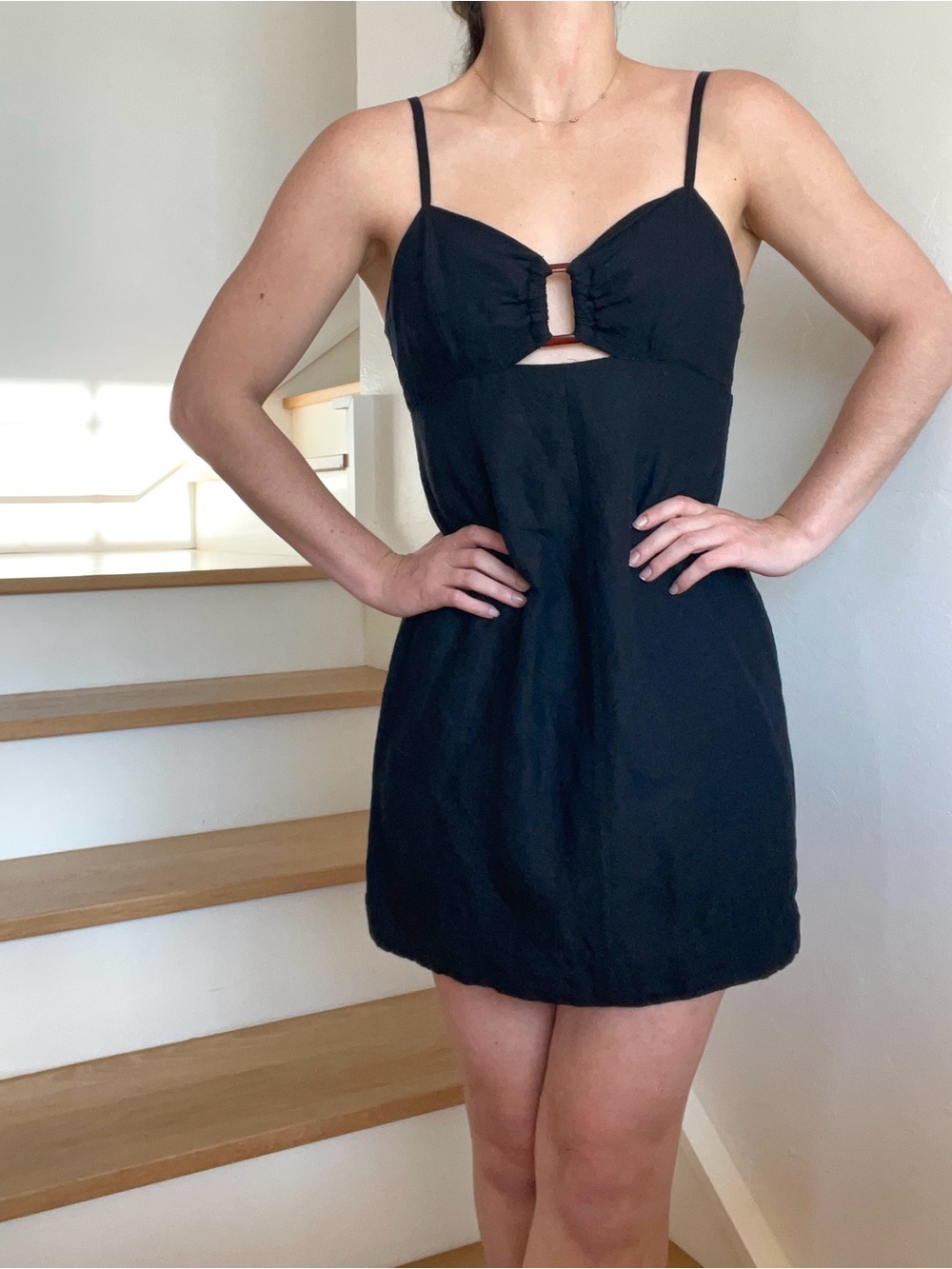 Anthropologie Linen Black Smocked Spaghetti Strap Keyhole Ring Mini Beach Dress